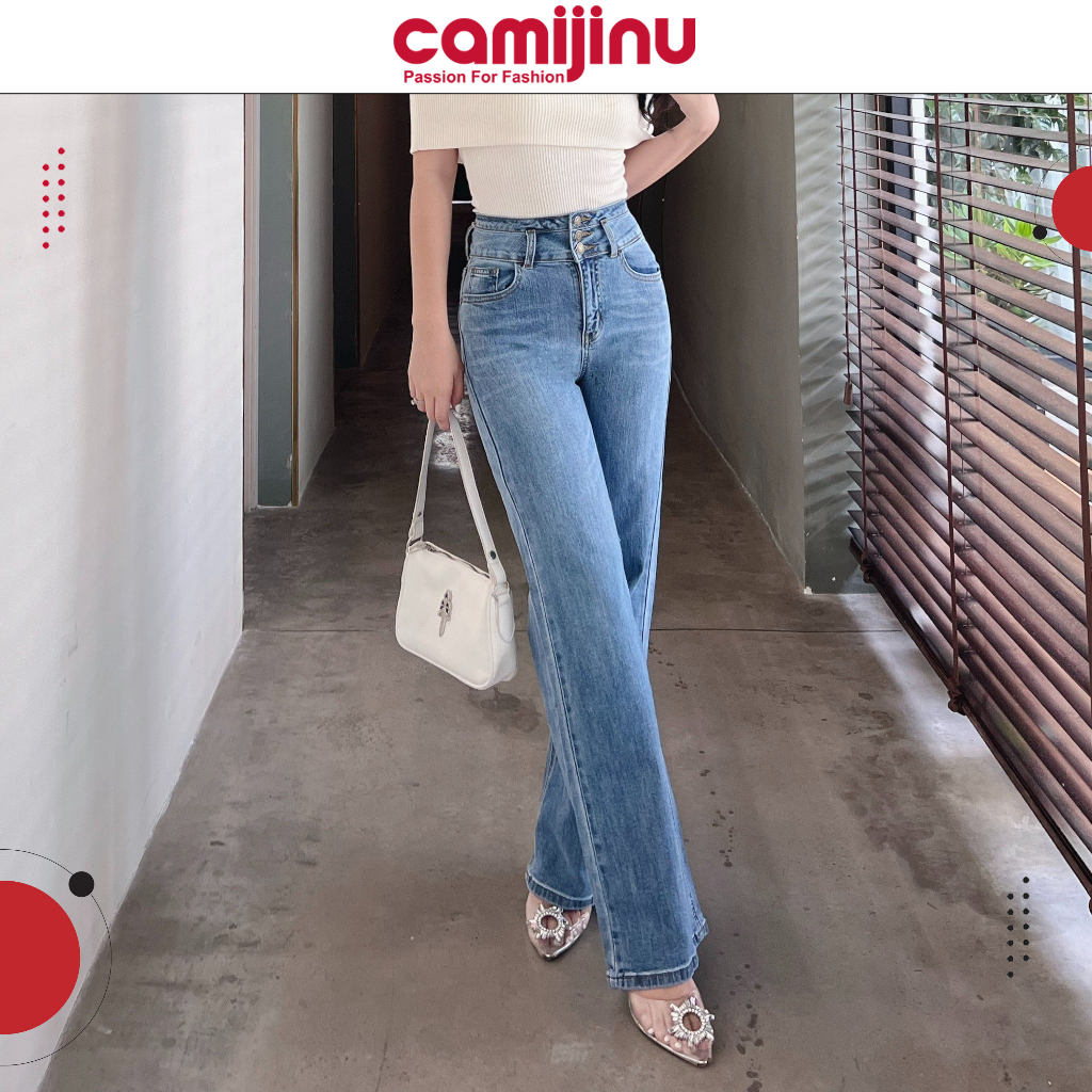 Quần Jeans Nữ Suông 3 Khuy, Gen Cạp Cao Dáng Dài Màu Đá Nhạt