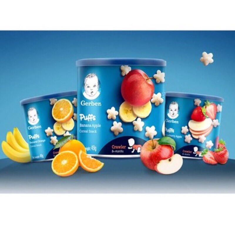 (date mới3/2024) Bánh ăn dặm Gerber Puffs vị táo dâu/ chuối cam - hộp 49g( có ship hỏa tốc HCM)