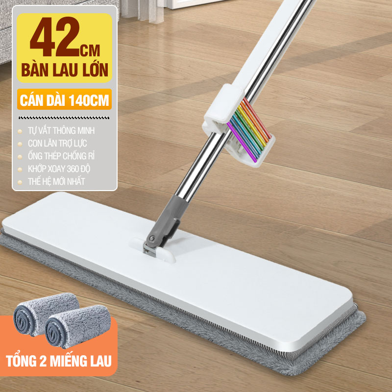 Cây lau nhà tự vắt Kitimop-WhitePro có 7 con lăn trợ lực cầu vồng, thanh thép không gỉ, khớp xoay 360 độ, 2 bông lau