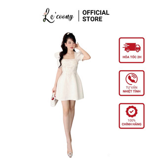 Đầm Dự Tiệc Dạ Tweed Hồng Be LECOONG V456 Váy Đẹp Tay Phồng Đính Đá Thủ Công