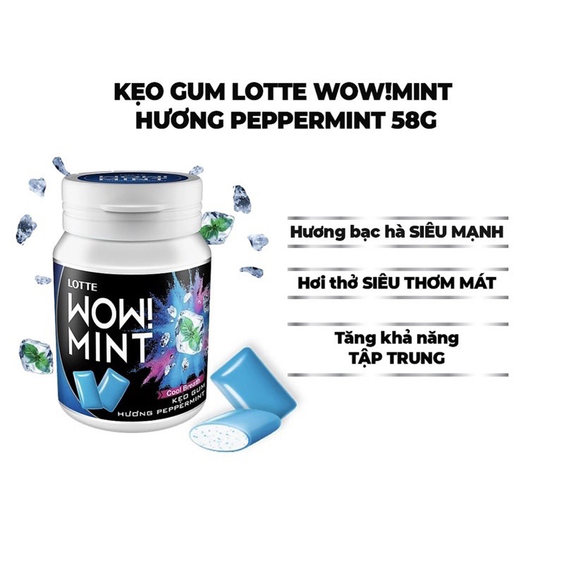 Kẹo gum  LOTTE WOW MINT 58g với hương Pepper Mint