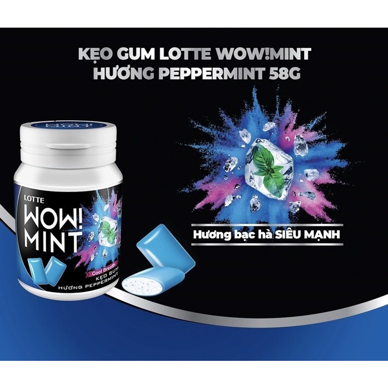 Kẹo gum  LOTTE WOW MINT 58g với hương Pepper Mint