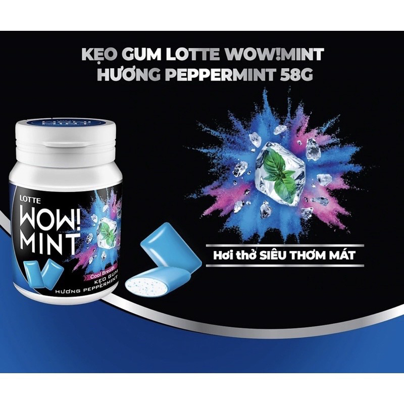 Kẹo gum  LOTTE WOW MINT 58g với hương Pepper Mint