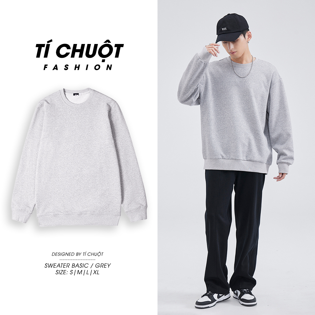 Áo sweater trơn nam nữ form rộng local brand, áo tay dài Ti:out unisex nỉ bông 100% dày dặn bo chun - Tí Chuột Fashion