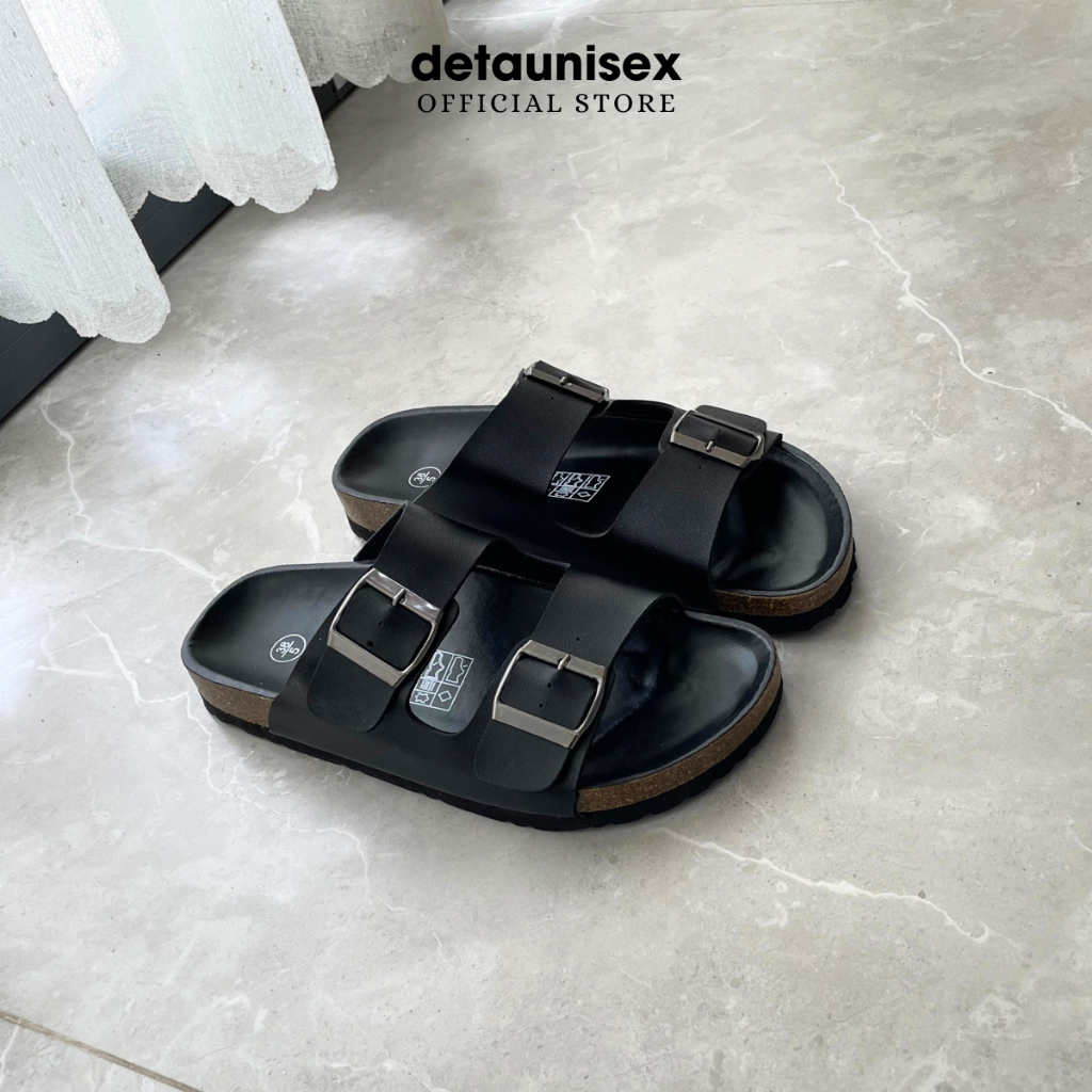 Dép đế trấu quai ngang 2 khoá Birken thoải mái đi mưa Detaunisex màu Đen lót đen - DETA21F
