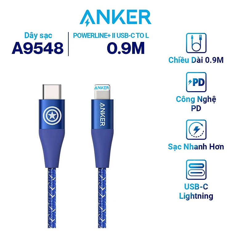Cáp Sạc ANKER PowerLine+ II USB-C to L Dài 0.9m - Phiên Bản Marvel - ANKER A9548 - Hỗ Trợ Sạc Nhanh - Chính Hãng