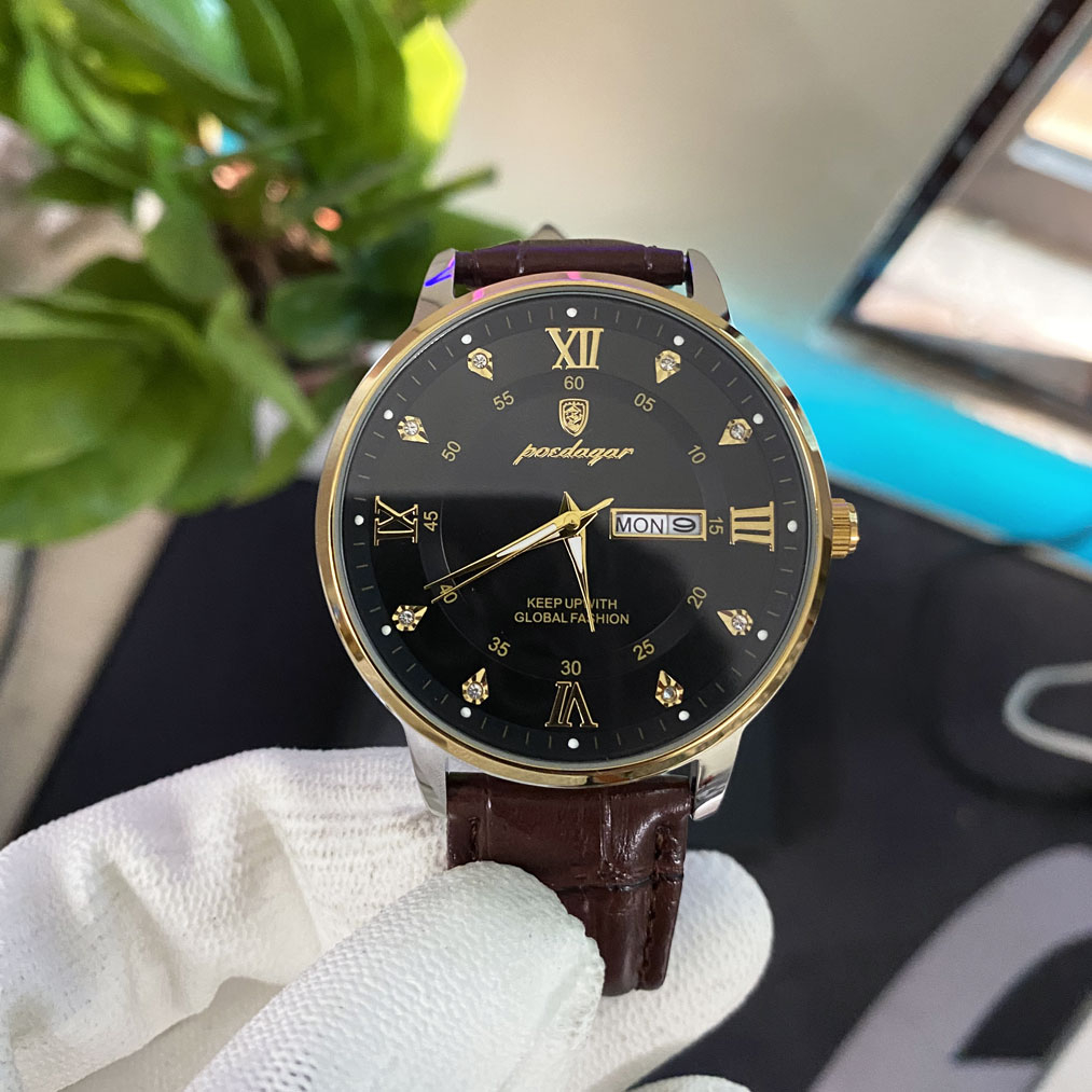Đồng Hồ Nam Poedagar Đính Đá Sang Trọng, Chạy Lịch Ngày, Thứ.