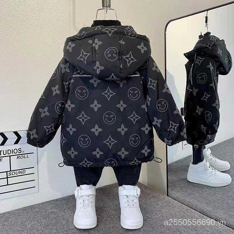 Áo khoác gió in hoạ tiết có mũ bé trai