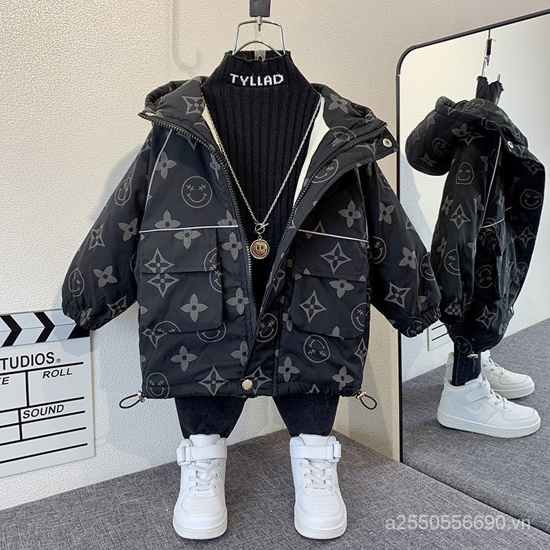 Áo khoác gió in hoạ tiết có mũ bé trai