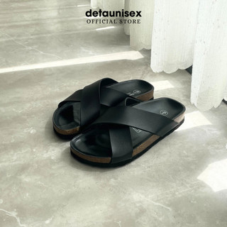 Dép đế trấu 2 quai chéo Birken thời trang công sở Detaunisex đi mưa cực bền đen lót đen DETA23F