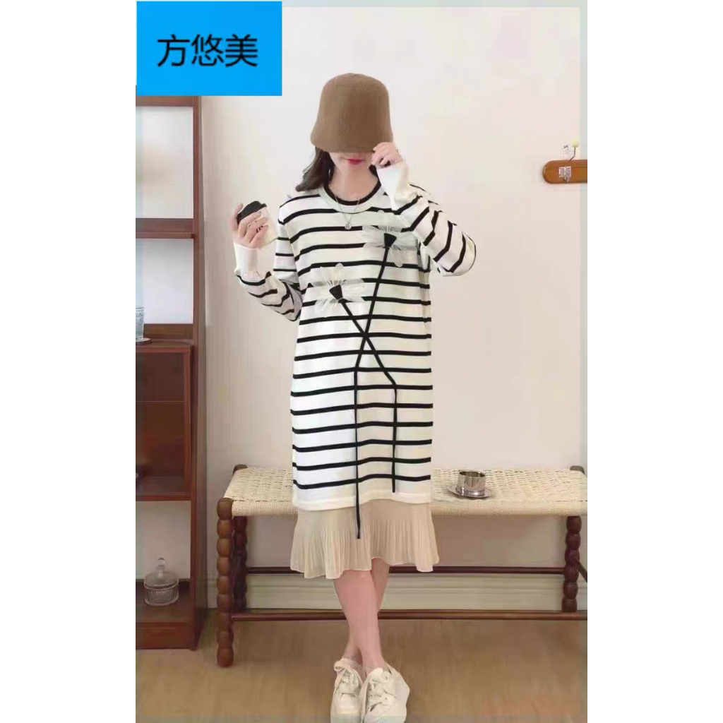 Váy len hoa 3D tay dài phối chân dập li hàng QC Bầu bí bon chen thoải mái