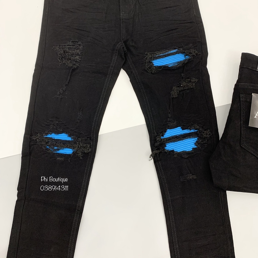 Quần Jean Đen Nam Rách Xước Vá Da Nhăn Xanh Đùi Gối Cực Sang J010