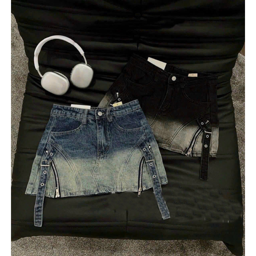 CHÂN VÁY JEANS NỮ LƯNG CAO LOANG XÁM XANH ĐẬM KHÓA KÉO CHÉO HÔNG PHỐI DÂY TÔN DÁNG SIÊU ĐẲNG CẤP THỜI TRANG