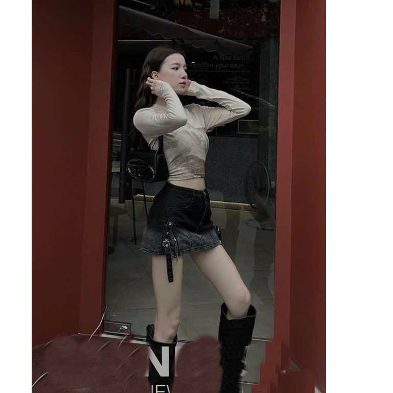 CHÂN VÁY JEANS NỮ LƯNG CAO LOANG XÁM XANH ĐẬM KHÓA KÉO CHÉO HÔNG PHỐI DÂY TÔN DÁNG SIÊU ĐẲNG CẤP THỜI TRANG