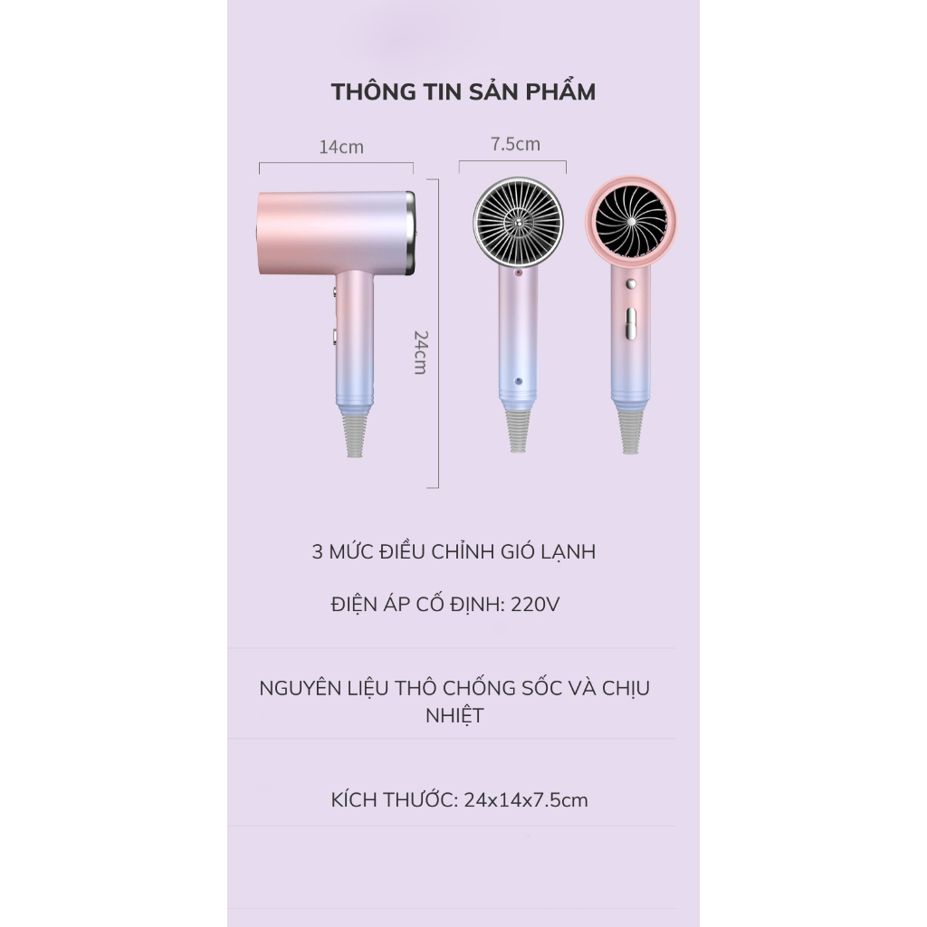 Máy sấy tóc mini, máy sấy tóc chuyên dụng 1800W, Ion âm dưỡng tóc 2 chiều nóng lạnh, ánh sáng xanh MST06
