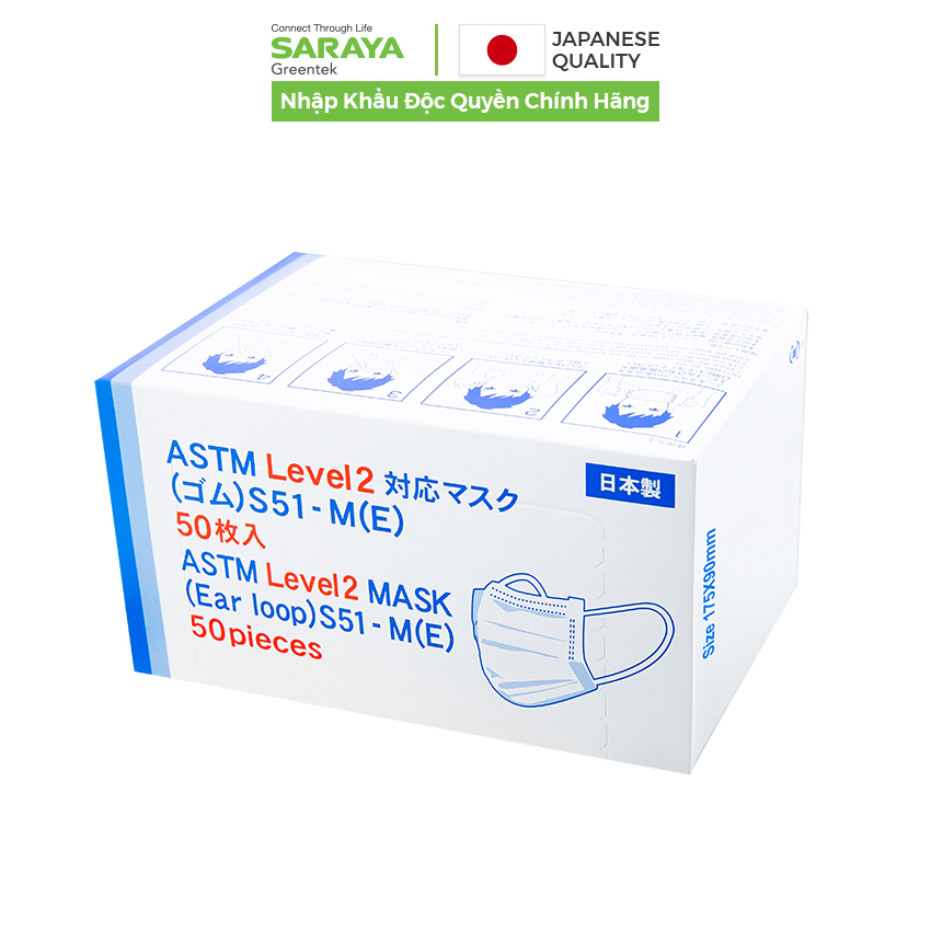 [Combo 5 Hộp] Khẩu trang y tế 4 lớp bằng vải không dệt Saraya ASTM Level 2, Mềm & Dễ thở, Không Latex - 50 Cái/hộp