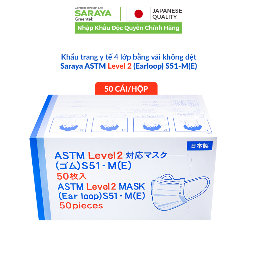[Combo 5 Hộp] Khẩu trang y tế 4 lớp bằng vải không dệt Saraya ASTM Level 2, Mềm & Dễ thở, Không Latex - 50 Cái/hộp