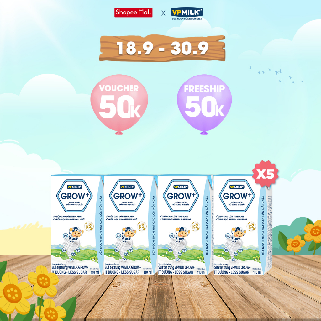 Sữa tiệt trùng VPMilk Grow+ ít đường 110ml (lốc 4 hộp x 5)