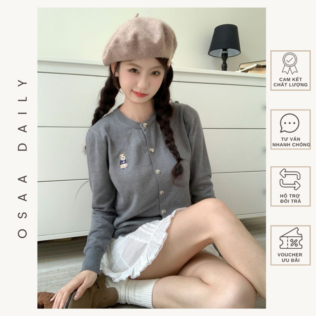 Áo Khoác Cardigan Thêu Hình Gấu Steve Tay Dài Chất Len Mềm Mịn Dày Dặn  - OSAA DAILY