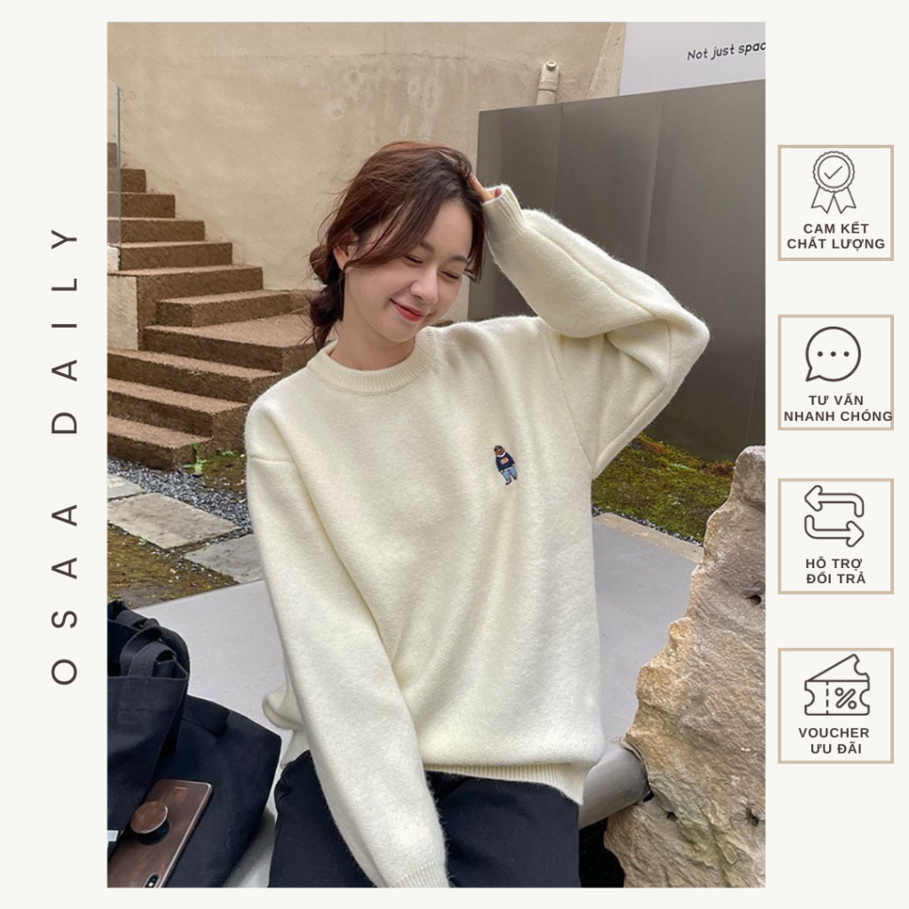 Áo Len Nữ Form Rộng Thêu Hình Gấu Steve Chất Len Dày Mịn  - OSAA DAILY