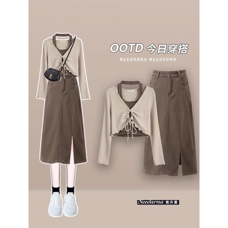 SET 3 MÓN: áo yếm, áo tay dài, chân váy xẻ