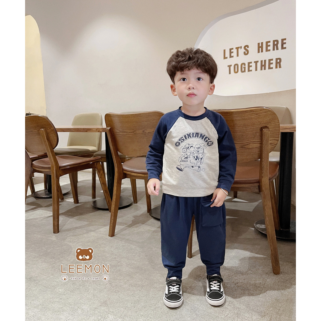 Bộ thu đông dài tay cổ tròn cho bé, bộ cotton tay phối in hoạ tiết bé trai Beemo