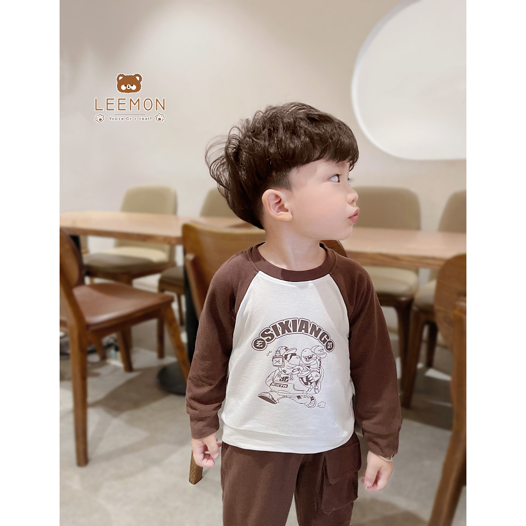 Bộ thu đông dài tay cổ tròn cho bé, bộ cotton tay phối in hoạ tiết bé trai Beemo