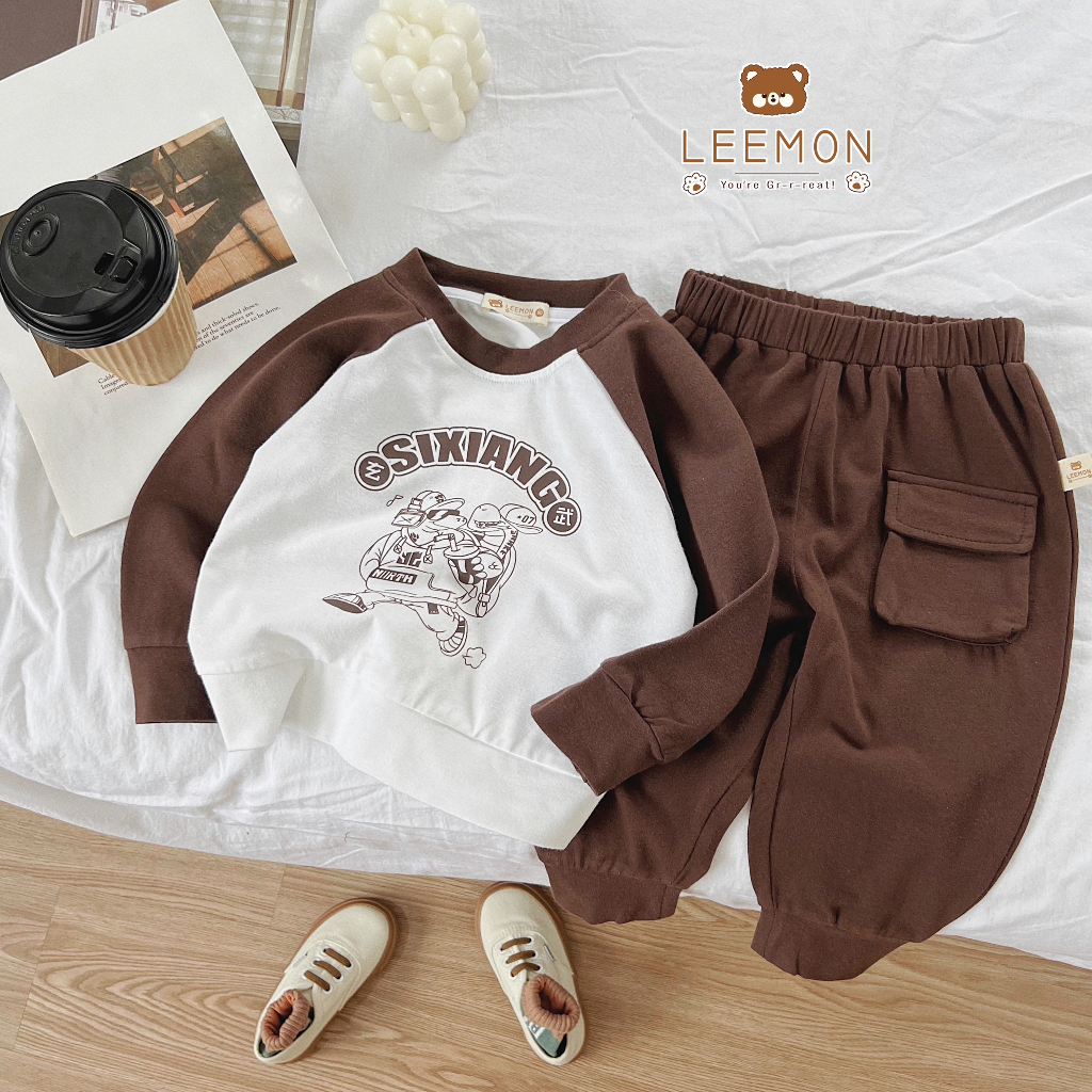 Bộ thu đông dài tay cổ tròn cho bé, bộ cotton tay phối in hoạ tiết bé trai Beemo