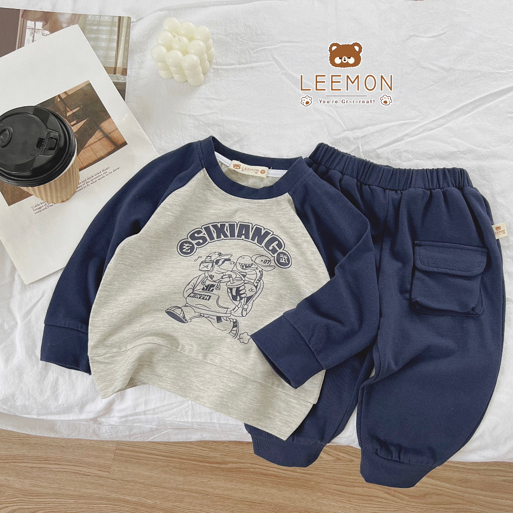 Bộ thu đông dài tay cổ tròn cho bé, bộ cotton tay phối in hoạ tiết bé trai Beemo