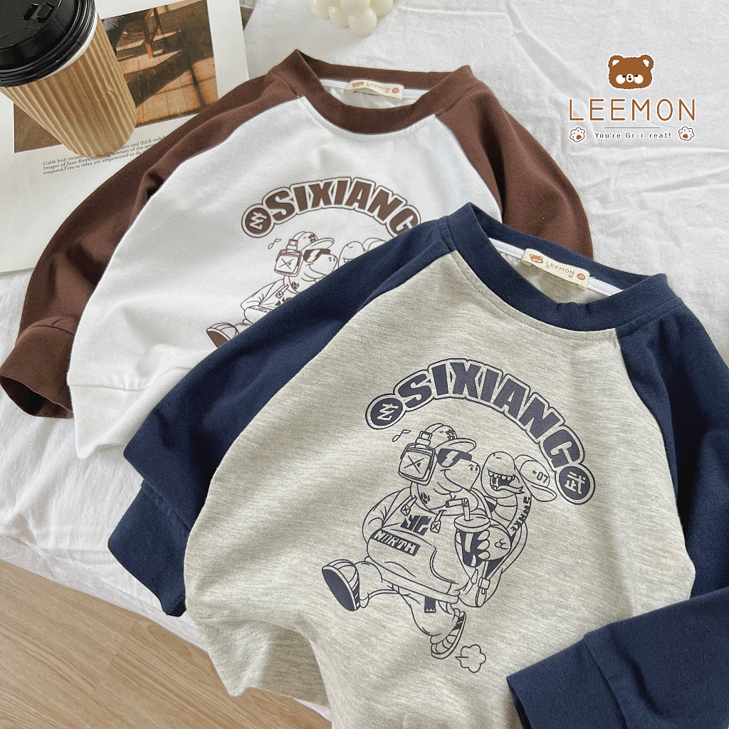 Bộ thu đông dài tay cổ tròn cho bé, bộ cotton tay phối in hoạ tiết bé trai Beemo