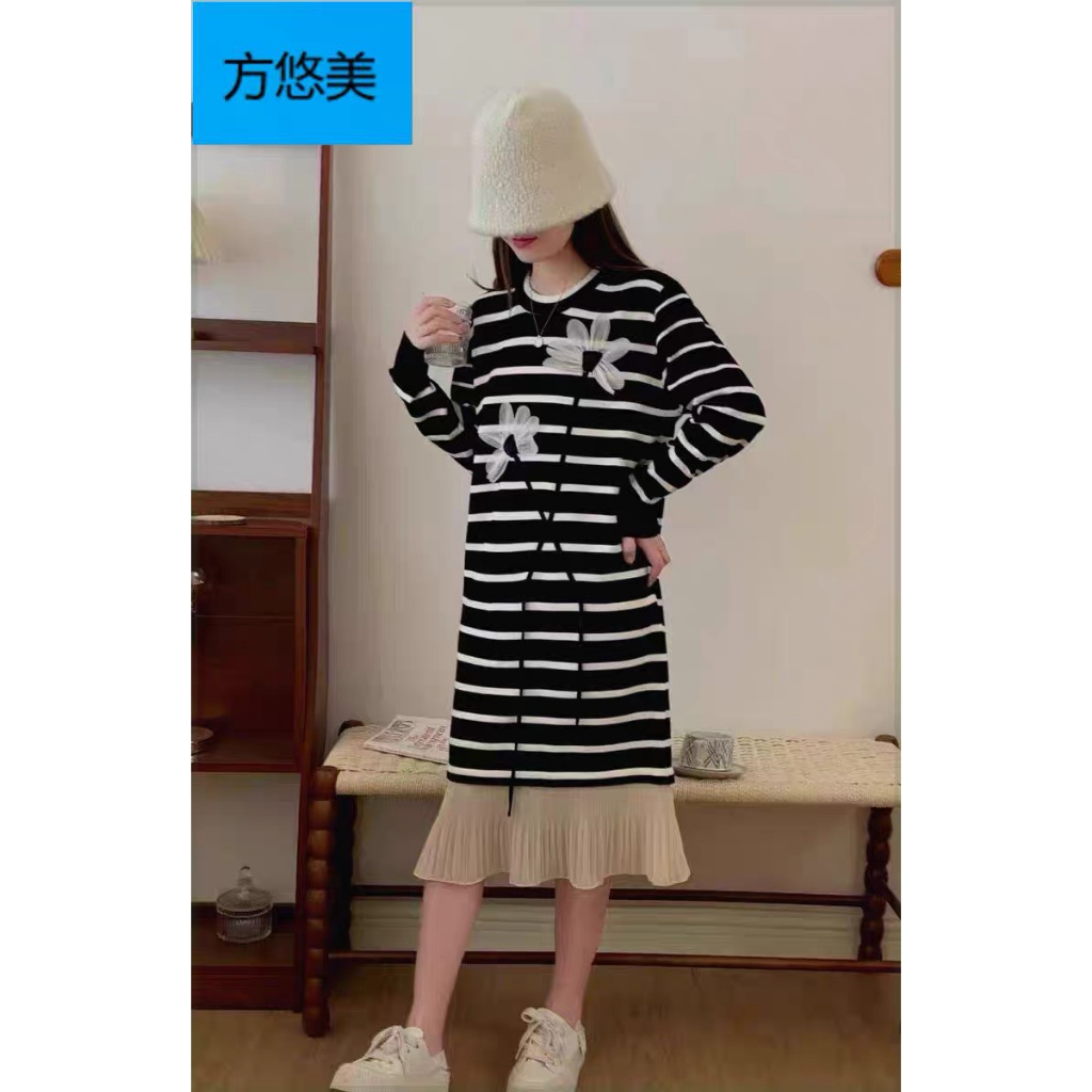 Váy len hoa 3D tay dài phối chân dập li hàng QC Bầu bí bon chen thoải mái