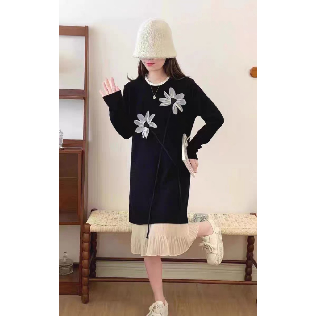 Váy len hoa 3D tay dài phối chân dập li hàng QC Bầu bí bon chen thoải mái