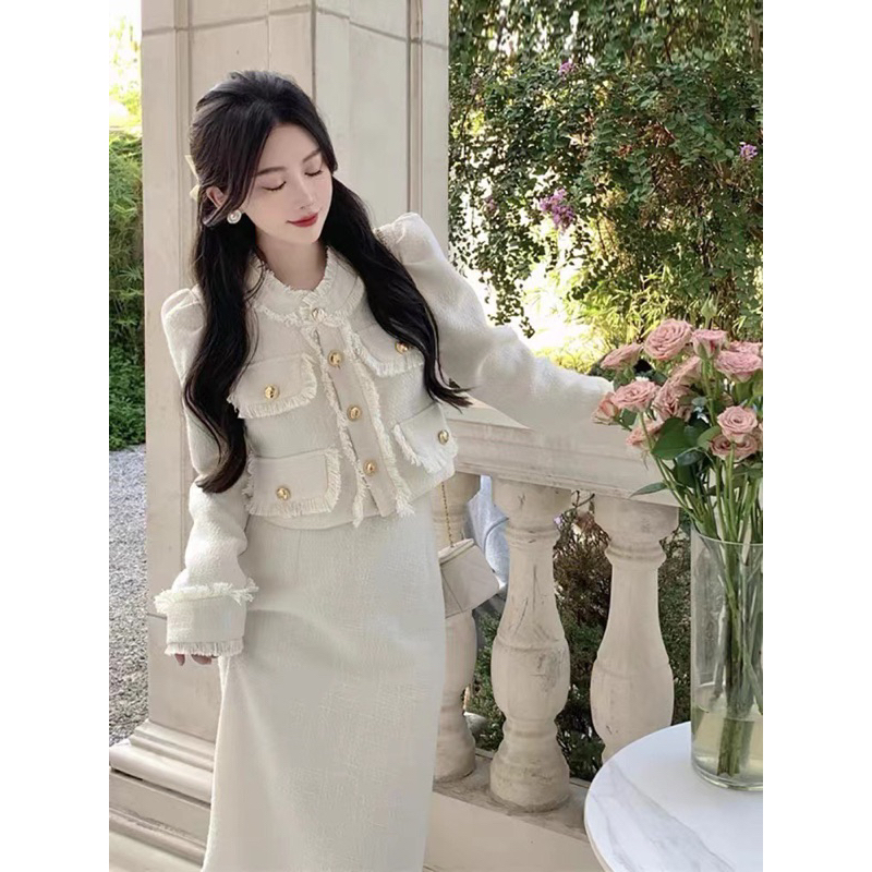 🌷 Set áo dạ tweed và chân váy dài mùa thu kiểu Pháp thanh lịch - QCCC LOẠI 1