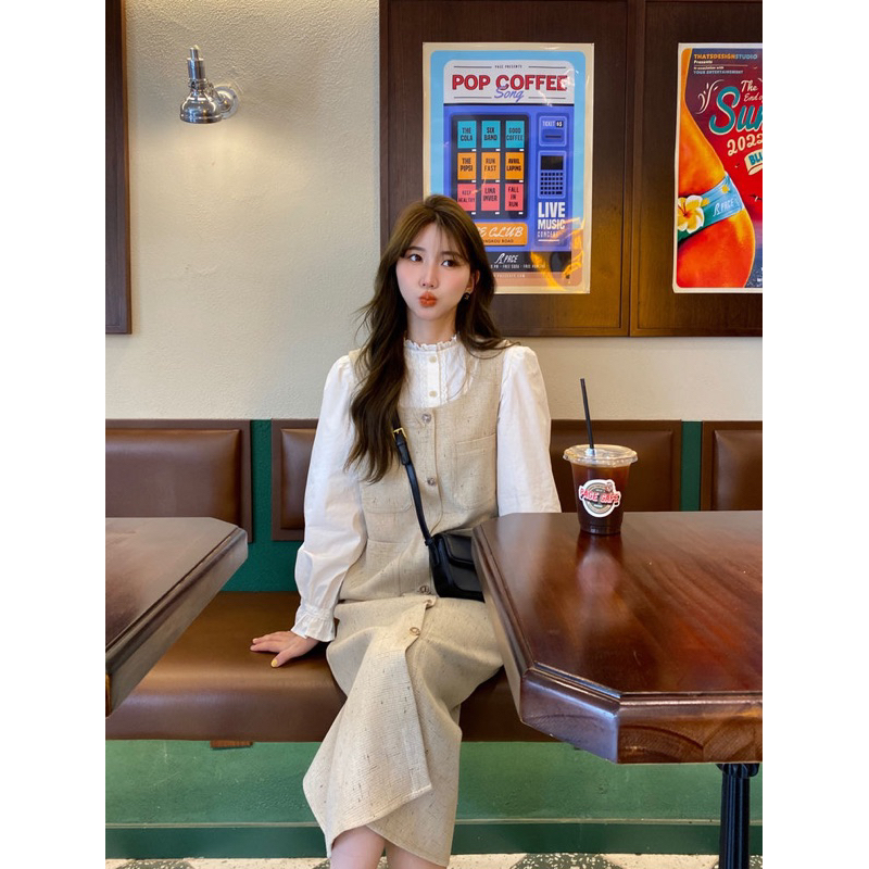 🌷 Set áo sơ mi & váy yếm dài thu đông Váy yếm 2 dây dáng dài