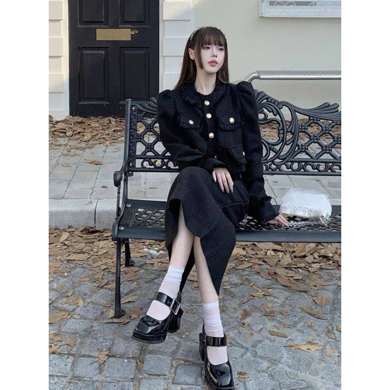 🌷 Set áo dạ tweed và chân váy dài mùa thu kiểu Pháp thanh lịch - QCCC LOẠI 1