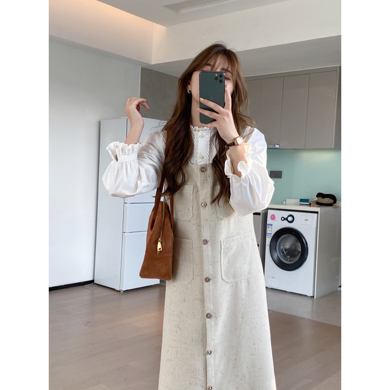 🌷 Set áo sơ mi & váy yếm dài thu đông Váy yếm 2 dây dáng dài