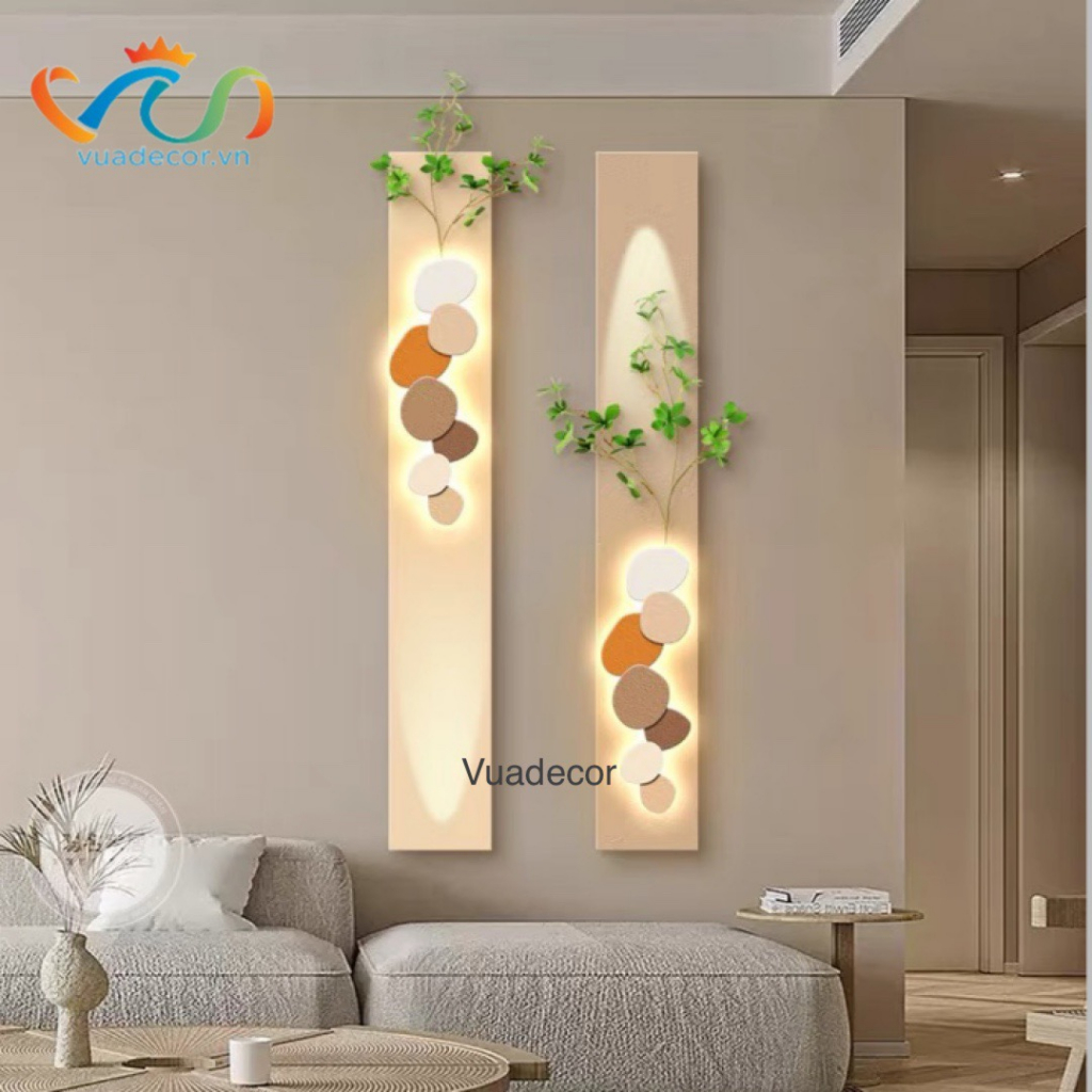 Sét 2 Tranh sơn cát phối Led và cây cao cấp VUADECOR trang trí decor kích thước 24x160cm (Tặng điều khiển led nếu có)