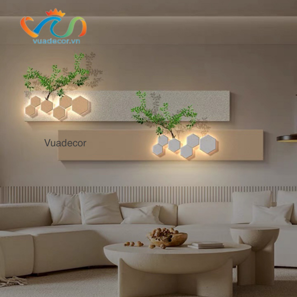 Sét 2 Tranh sơn cát phối Led và cây cao cấp VUADECOR trang trí decor kích thước 24x160cm (Tặng điều khiển led nếu có)