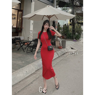 Đầm gân trơn tay ngắn ôm body basic dễ mang