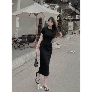 Đầm gân trơn tay ngắn ôm body basic dễ mang