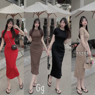 Đầm gân trơn tay ngắn ôm body basic dễ mang