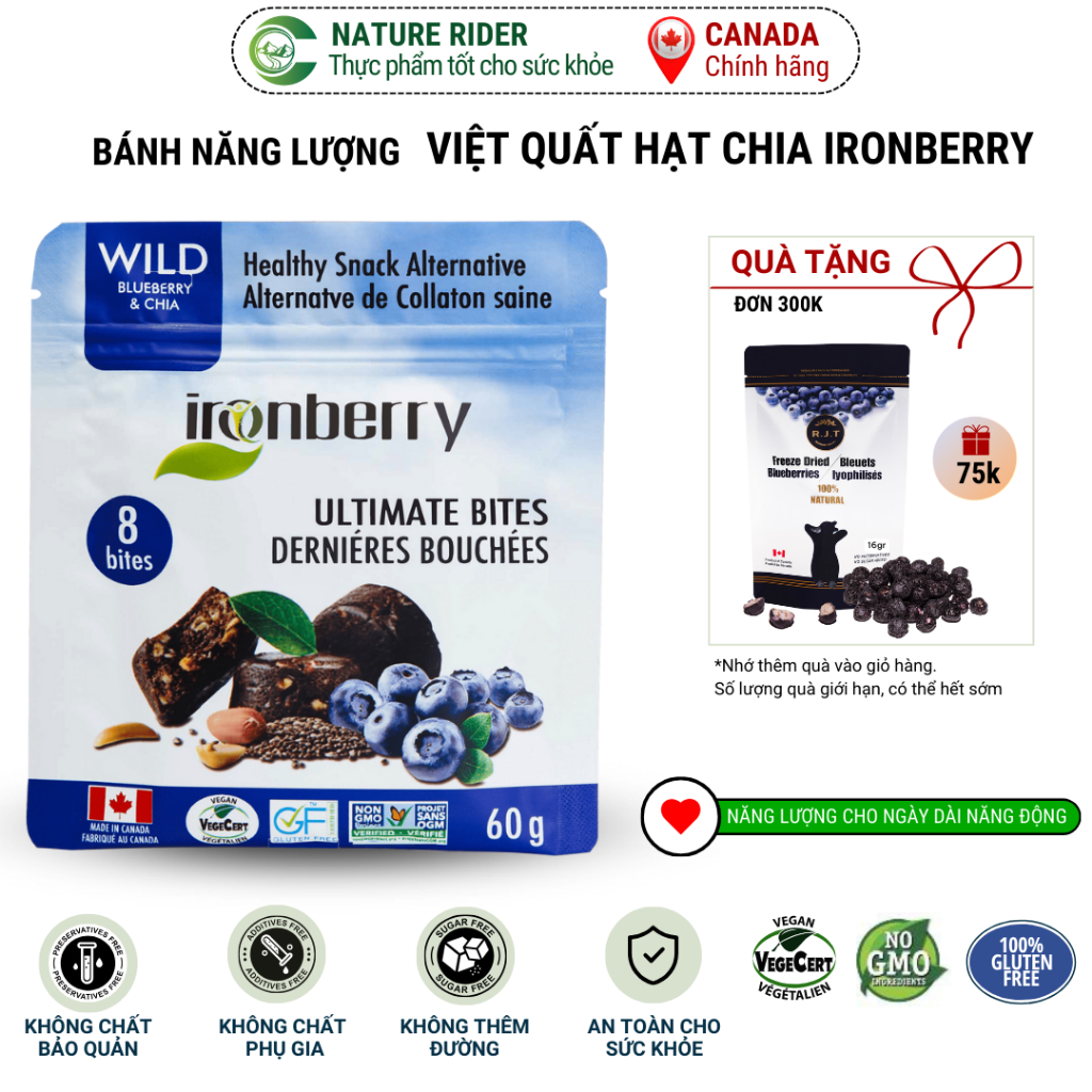 Bánh năng lượng - Irronberry - việt quất & hạt chia - WILD BLUEBERRY & CHIA ULTIMATE BITES 60gr