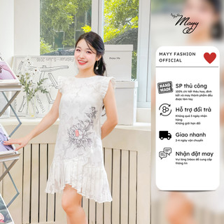 Váy thiết kế MAYY FASHION tơ trắng thêu hoa dập ly tay Camelia