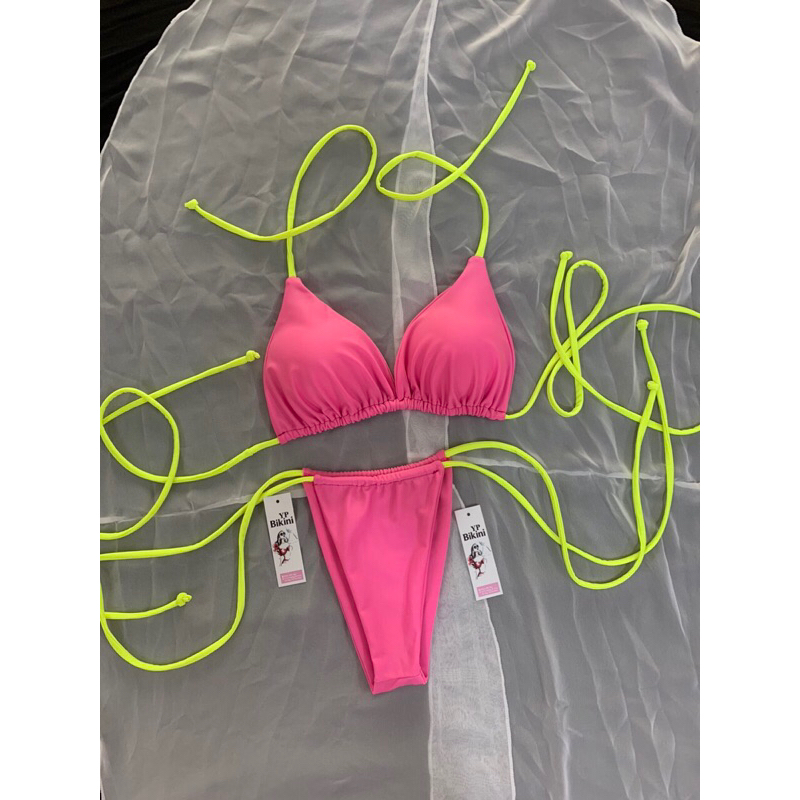 Bikini áo tắm .Đồ bơi 2 mảnh Hồng phấn phối dây trắng