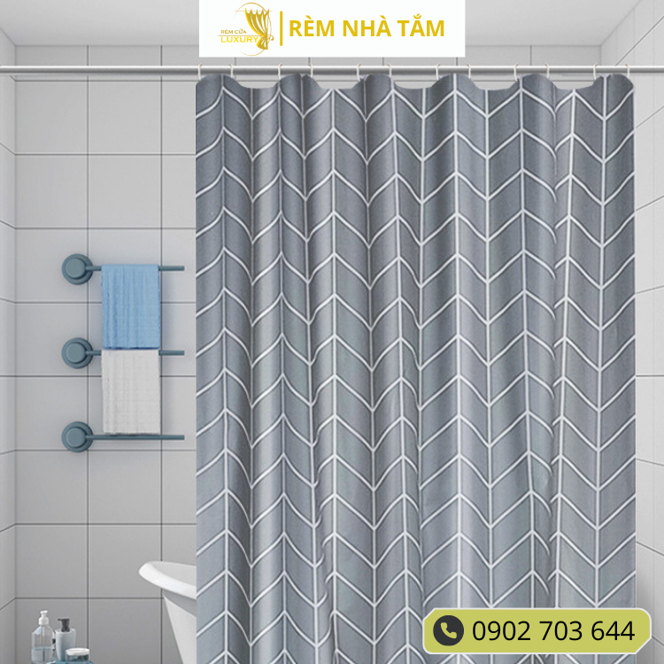 Rèm nhà tắm DÀY và thanh không khoan tường, họa tiết Lưới Xám không thấy bóng người, không thấm nước, kèm vòng treo