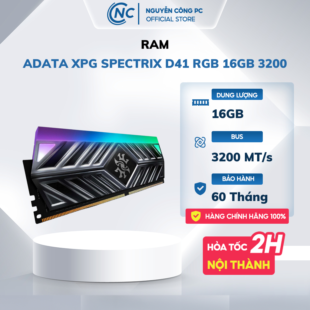RAM Adata XPG Spectrix D41 RGB Grey 16GB (1x16GB) DDR4 3200Mhz - Bảo hành 60 Tháng