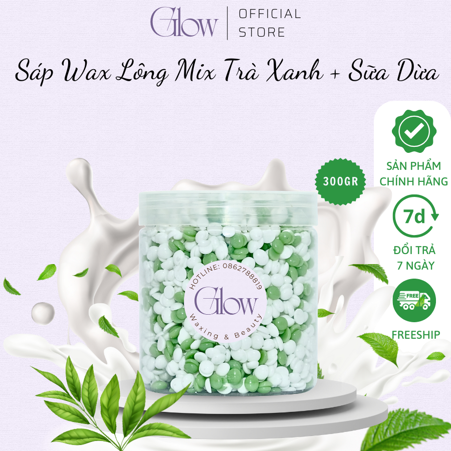 Sáp Wax Lông Trà Xanh Mix Sữa Dừa Siêu Bám Lông Chuyên Dùng Wax Nách, Bikini, Body Toàn Thân GLOW WAXING Tặng Que