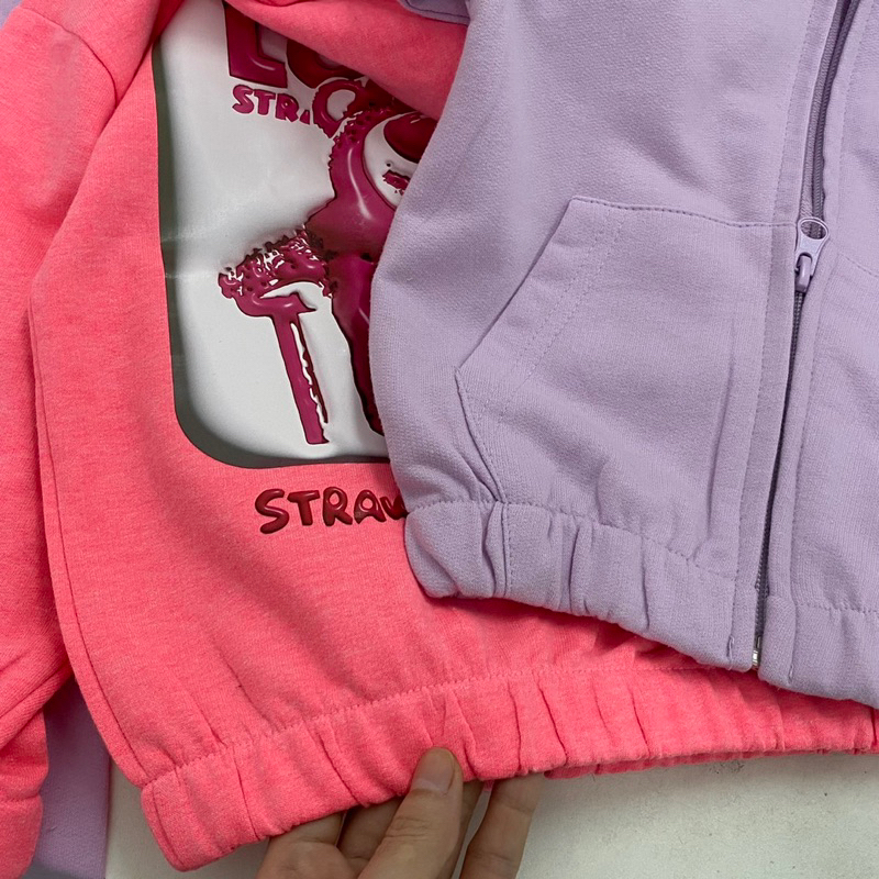 Set bộ khoác nỉ có mũ in hình gấu cho bé gái siêu xinh size từ 12-22 cân