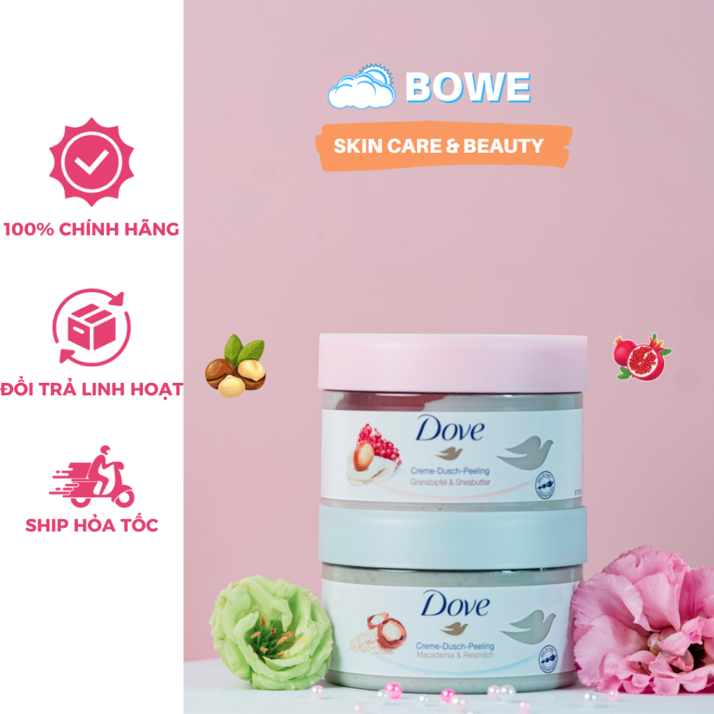 Tẩy da chết DOVE Body Scrub bản ĐỨC LỰU Macca và Lựu Đỏ Giúp Da Mịn Màng Tẩy Tế Bào Chết DOVE 225ml Chính Hãng