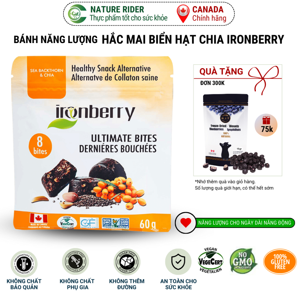 Bánh năng lượng - Irronberry - quả hắc mai biển - SEA BUCKTHORN & CHIA ULTIMATE BITES 60gr
